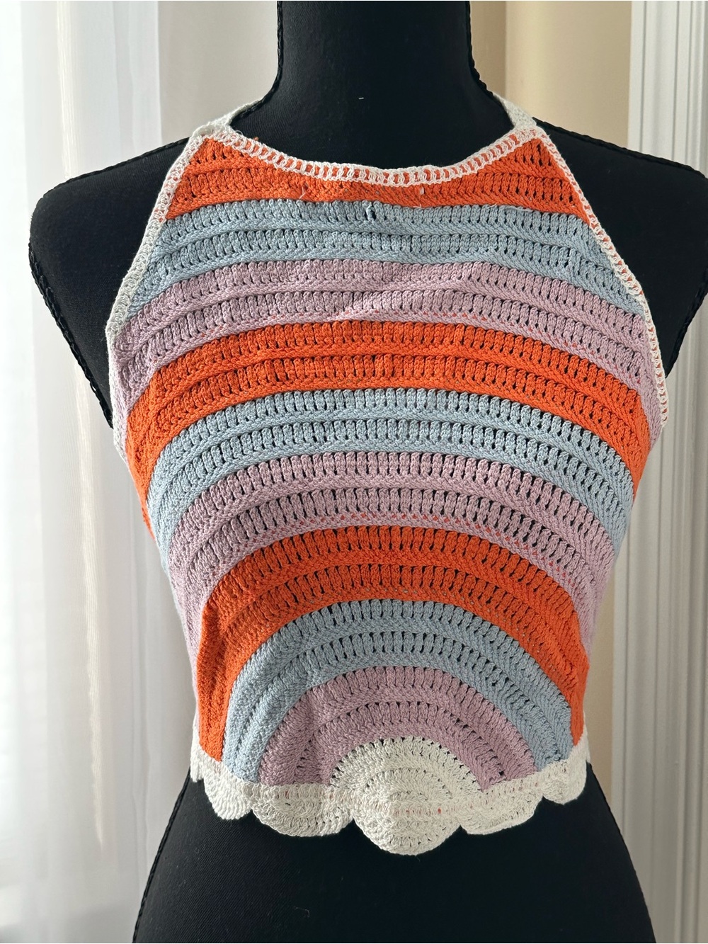 Crocheted Striped Halter Top in Orange, Lavender & Light Blue - Brand: